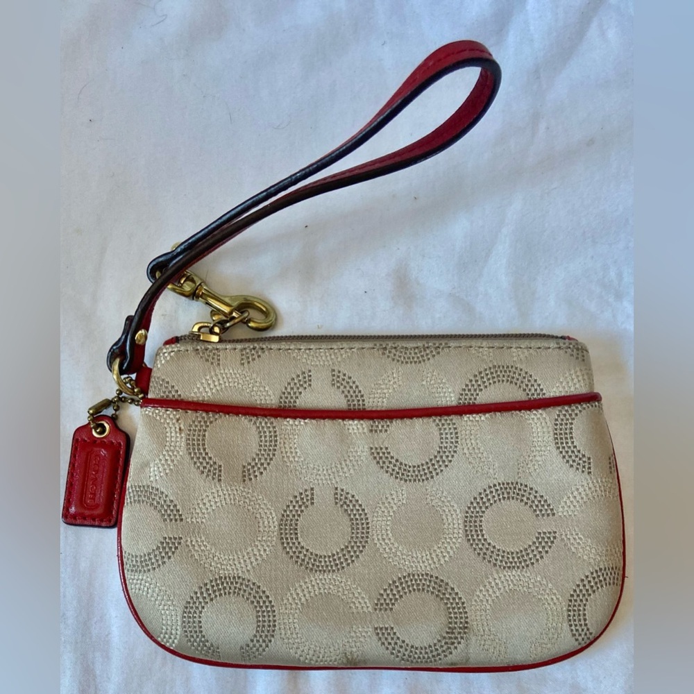 COACH Gold, Beige & Red Signature "C" Wristlet With Leather Trimmings